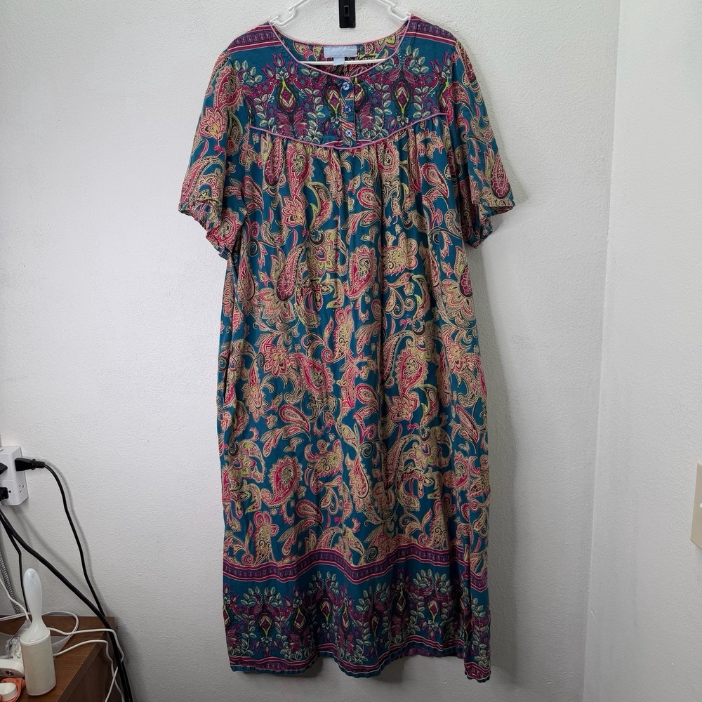 Only Necessities House Dress Plus Size 22/24 Pink Cotton Lounge MuuMuu Paisley